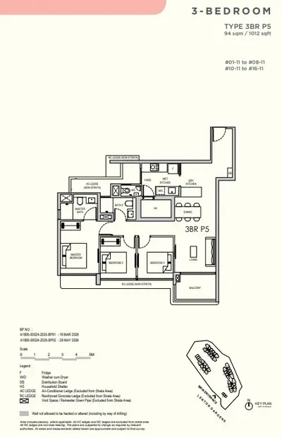Lentor Gardens Residences 3 Bedroom Type P5 indicative floorplan, 1,012 sqft
