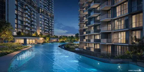 Lentor Gardens Residences night view of the pool deck between towers